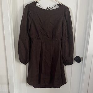 DISSH Brown Long Sleeve Open Back Linen Dress